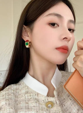 欧美中古红绿色圆圈耳环女小众设