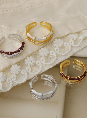 简约双层竹节滴釉戒指时尚网红ins风潮人食指戒可调节开口戒指环