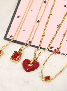 2023爆款红色系锆石简约百搭钛钢项链小众高级感爱心项链项饰