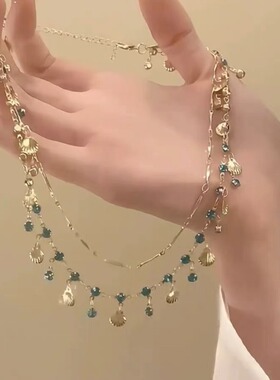 跨境海的女儿~蓝色锆石金色贝壳项链百搭手链设计轻奢吊坠首饰