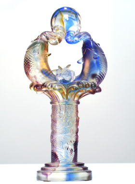 琉璃双鱼共创辉煌风水摆件