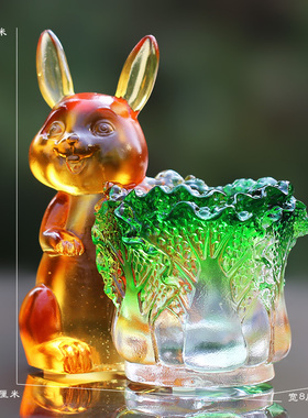 琉璃兔子笔筒白菜摆件装饰招财