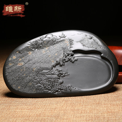 精品名师许亚祥手工砚台/溪山胜境/歙砚金晕浮雕意境四大名砚之歙砚精巧摆件雕刻文房四宝收藏送礼佳品配木盒 - 图0
