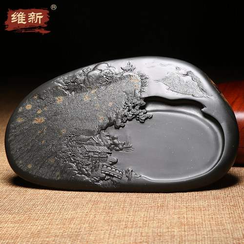 精品名师许亚祥手工砚台/溪山胜境/歙砚金晕浮雕意境四大名砚之歙砚精巧摆件雕刻文房四宝收藏送礼佳品配木盒 - 图1