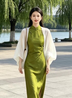 新中式夏季配旗袍裙子外搭开衫旅游拍照薄款雪纺披肩外套防晒罩衫