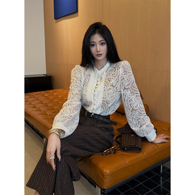 利达 NEW DADADA【清韵浮白】白色镂空长袖开衫修身气质雪纺衫女,淘宝优惠券,粉丝福利购,淘宝优惠卷