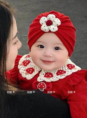 新生红色帽子婴儿女宝蝴蝶结护囟