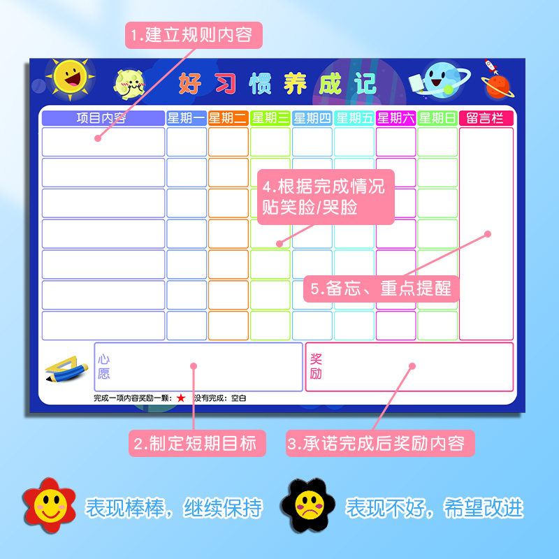 儿童成长自律表奖励墙贴可移除不伤墙铁性幼儿好习惯打卡小学生暑期学习计划表日程表生活记录表挂式奖罚养成-图2