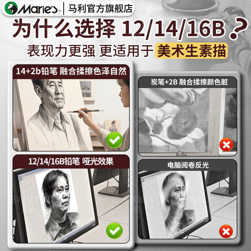 马利14b素描铅笔哑光绘画联考试专用铅笔12b16b速写生绘图笔美术生2bhb特浓炭墨笔套装艺考学生用旗舰店正品 - 图2