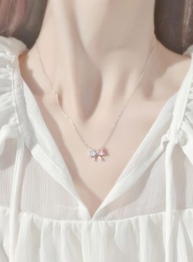 心心结纯银项链女粉色爱心蝴蝶结