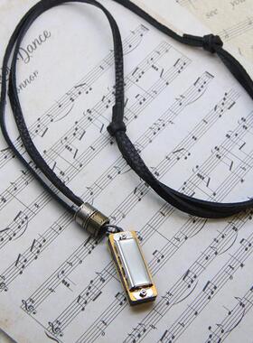 可吹响的小口琴牛皮绳毛衣链男女