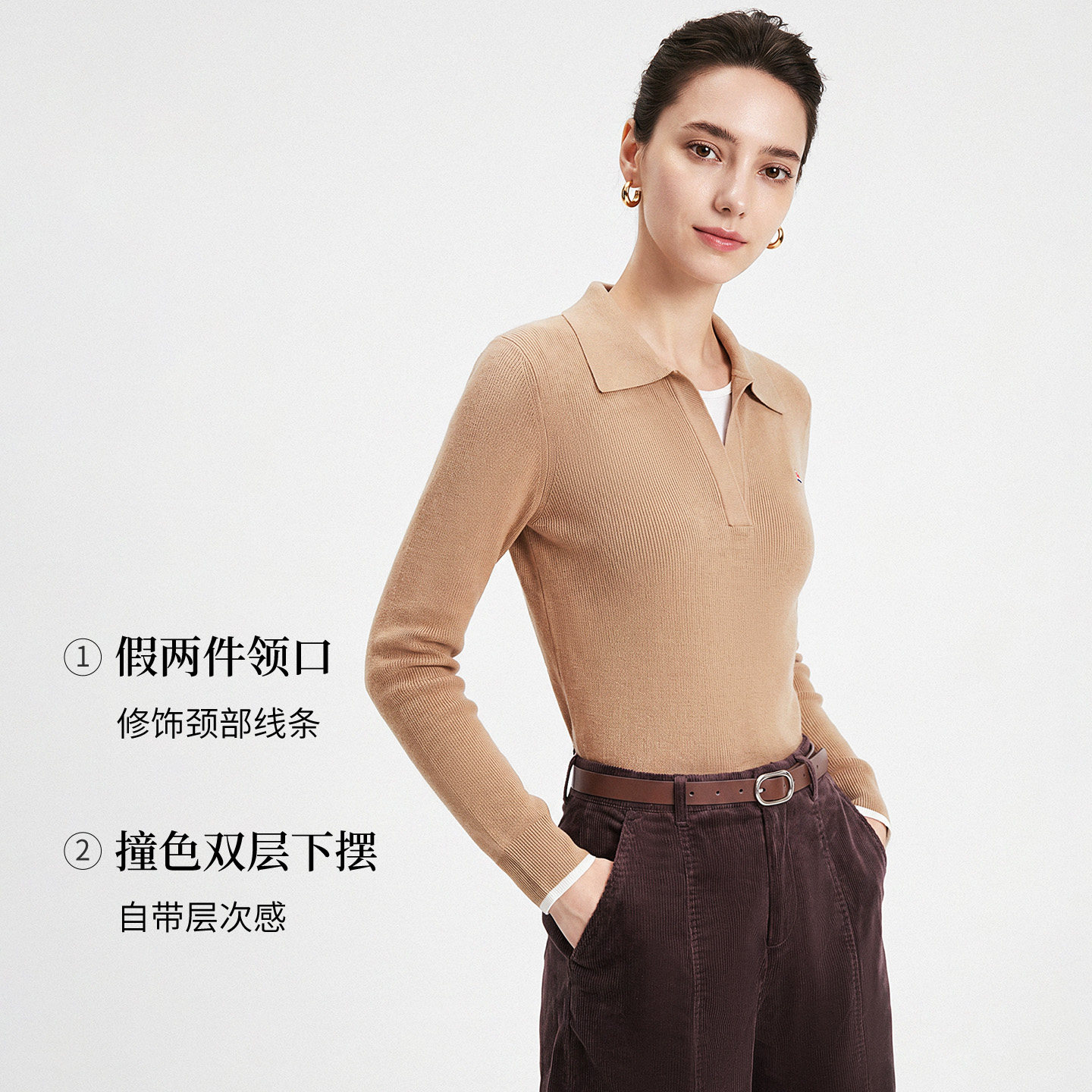 Navigare小帆船假两件长袖针织衫女士2026秋季通勤翻领卡其色毛衣 小帆船纯实拍商品图