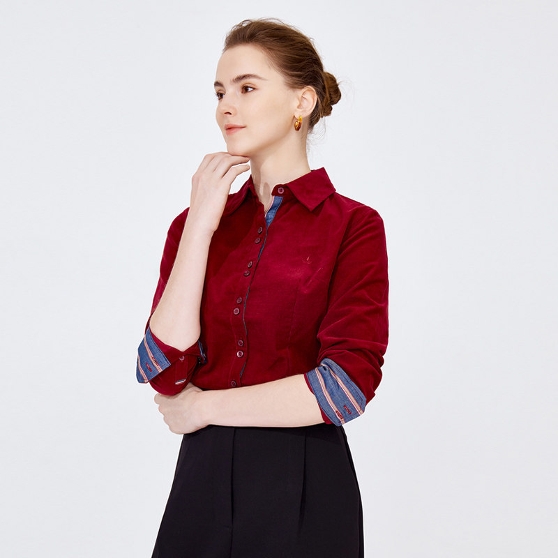 [纯棉灯芯绒]Navigare意大利小帆船长袖衬衫女秋季红色设计感衬衣