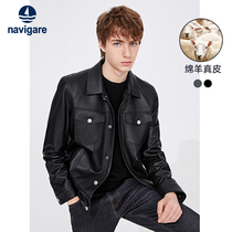 Sheep leather] NavigaCare Italy small sailing black casual leather clothing mens autumn overalls jacket jacket