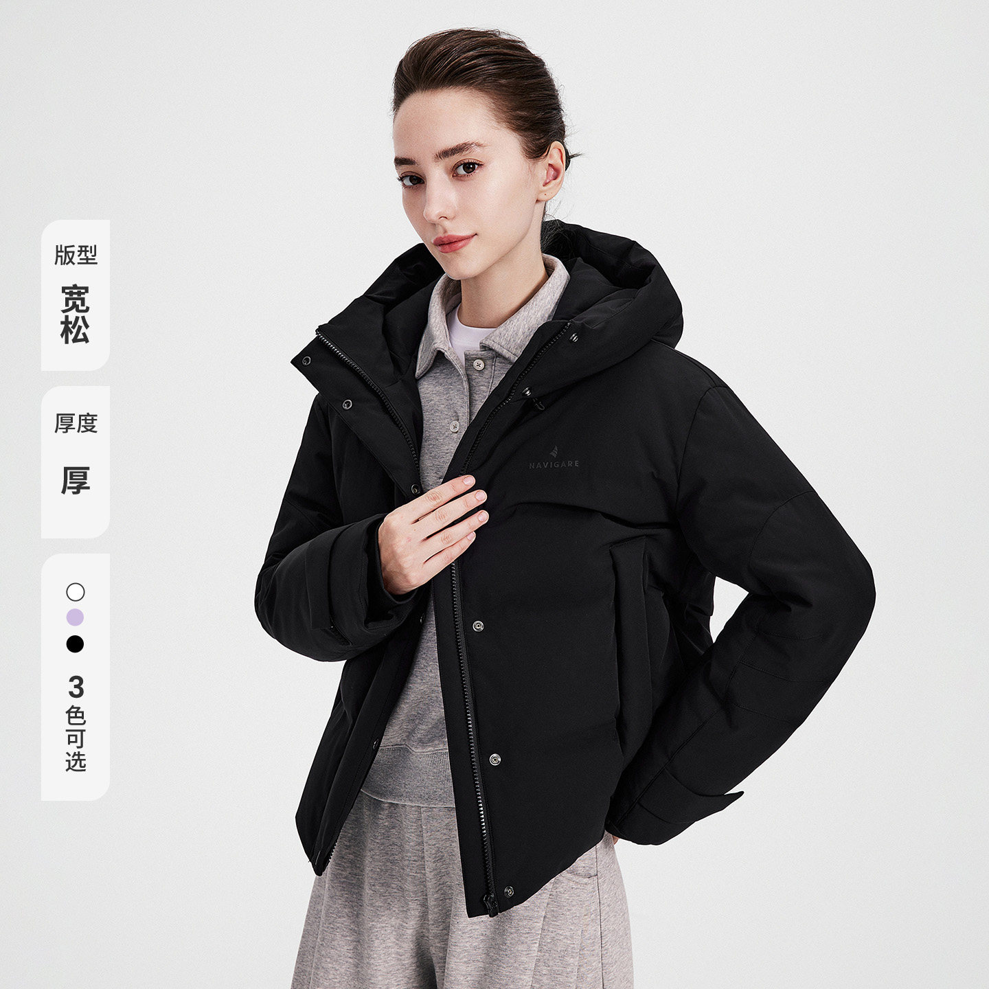 [防水]Navigare小帆船黑色宽松羽绒服女士2026冬季宽松连帽鹅绒服 小帆船黑实拍商品图
