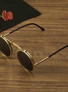 双层翻盖墨镜一镜两用复古圆形框太阳镜男士潮流个性上翻可配近视