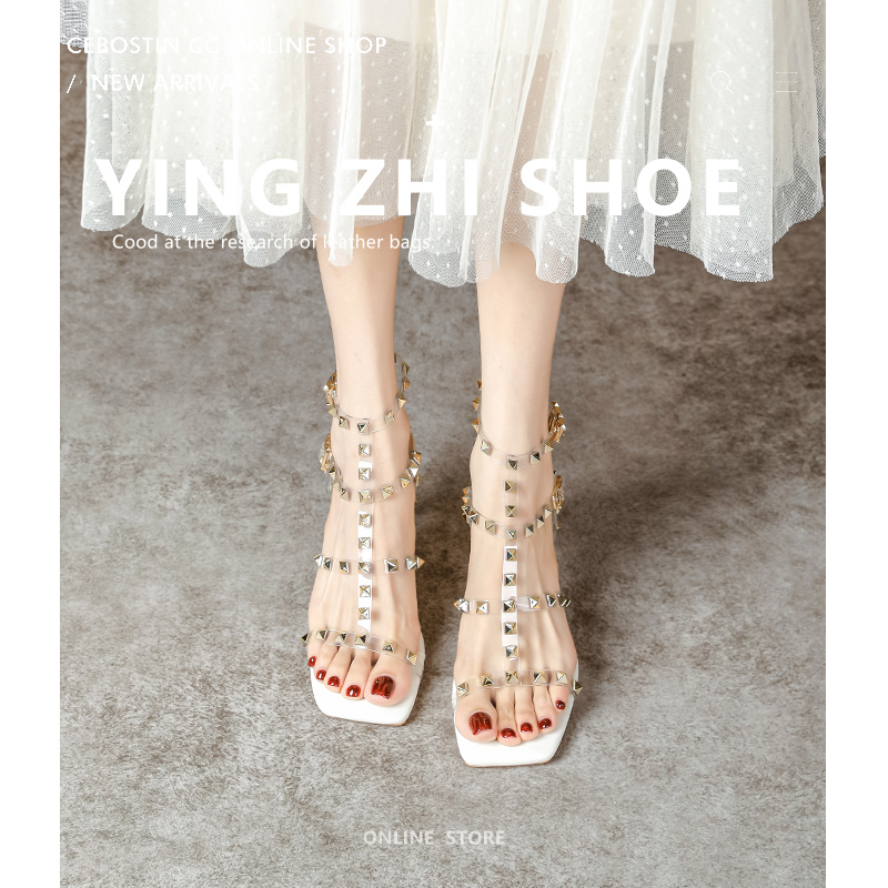 盈致绝美凉鞋女2024夏季新款仙女气质百搭透明水晶白色铆钉高跟鞋