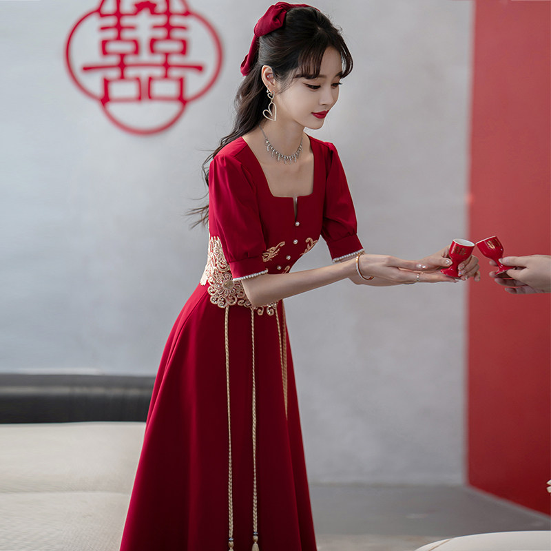 新娘夏季酒红色连衣裙中式晚礼服 圆裳礼服/晚装