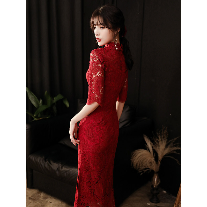 旗袍新娘2020新款酒红色结婚裙子 圆裳礼服/晚装