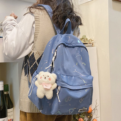 森系百搭简约双肩包女初中生日韩涂鸦反光书包女大学生双肩女背包 - 图1