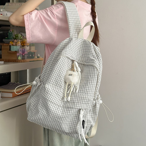 复古港风格子双肩包女2025新款大容量初中大学生书包旅行电脑背包 - 图1