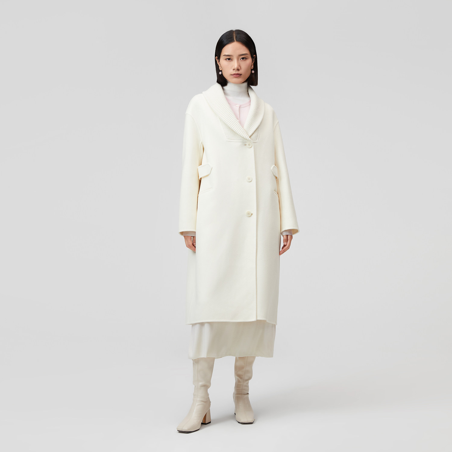 OVV秋冬新款女装高支羊毛翻领单排扣中长款双面呢大衣