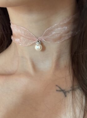 [楼哈哈]超仙纯欲白月光粉色宽边蕾丝项链choker珍珠少女颈带甜美