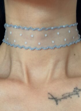 [楼哈哈]夏日清新蓝色波点蕾丝颈带choker短款项圈纯欲项链锁骨链