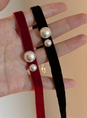[楼哈哈]红色丝绒珍珠项链choker短款颈链气质锁骨链礼服项圈女