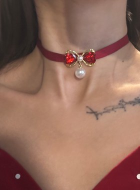 [楼哈哈]红色项链配饰水晶蝴蝶结珍珠吊坠choker短款新年锁骨链女