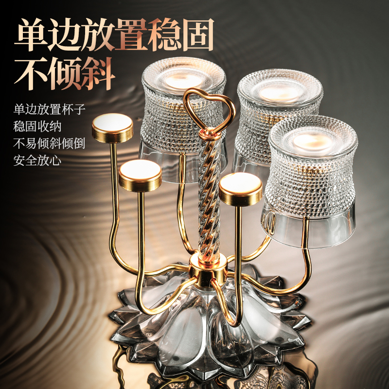 不锈钢旋转水杯杯子架子轻奢杯架倒挂茶杯酒杯收纳架欧式带托盘6 - 图1