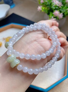 天然和田玉烟紫双圈成品手链晴水并蒂莲盘珠配饰s925古法银配件
