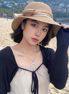 夏季草帽盆帽女小清新蝴蝶结珍珠显脸小百搭帽子潮出游度假