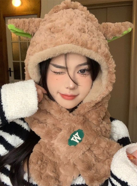 秋冬毛茸茸小羊女帽子连围巾一体