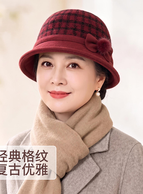 秋冬加绒格纹渔夫帽女保暖显脸小