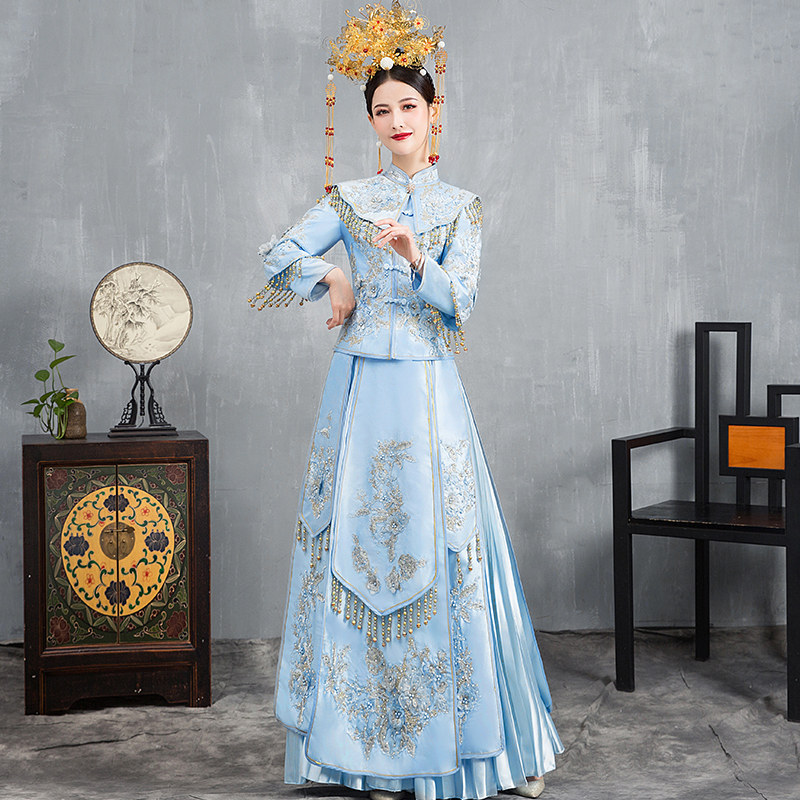 蓝色秀禾服2020新款显瘦中式婚纱 衣至人归旗袍