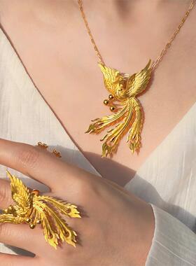 古法沙金黄金色凤凰项炼女款轻奢