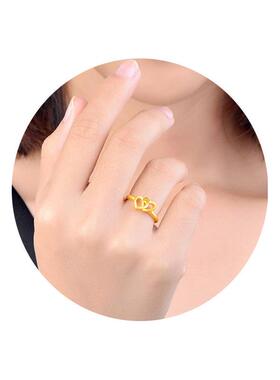 双爱心18k黄金色戒指开口可调节