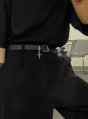 高街十字架装饰黑皮带男女