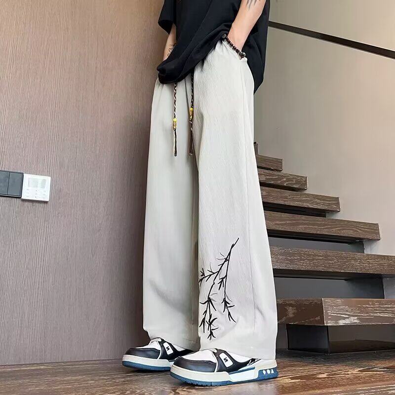 National style bamboo leaf new Chinese style trousers men's summer thin ice silk cool straight pants fat men large size loose wide leg pants