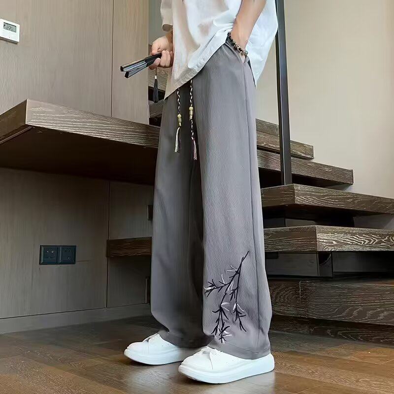 National style bamboo leaf new Chinese style trousers men's summer thin ice silk cool straight pants fat men large size loose wide leg pants
