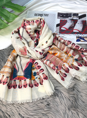 早春新款韩版羽毛棉麻感披肩保暖空调防晒长方形沙滩巾巴黎纱围巾