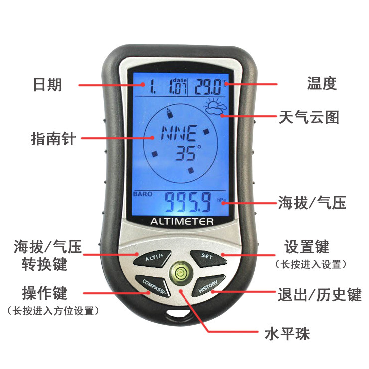 气压计手持电子高度计指南针海拔表车载高精度户外钓鱼数显温度仪 - 图1