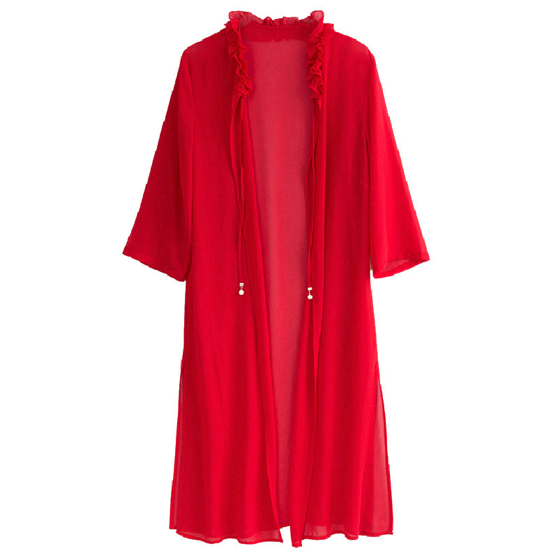 超仙洋气雪纺开衫中长款夏季防晒衣 宝缇芙蕾丝衫/雪纺衫