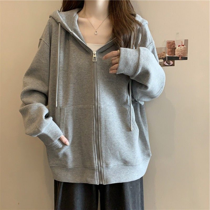 灰色实拍开衫连帽卫衣女秋季宽松显瘦学生休闲华夫格纯色上衣,淘宝优惠券,粉丝福利购,淘宝优惠卷
