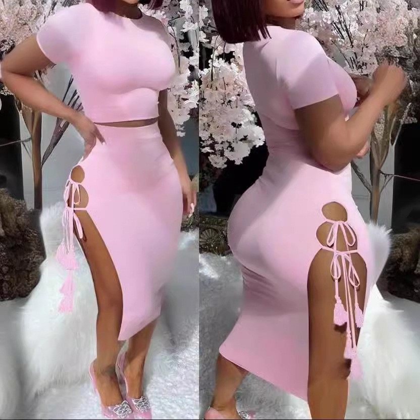 欧美夏季女装短袖上衣套装漏腰紧身性感系带开叉中长包臀裙,淘宝优惠券,粉丝福利购,淘宝优惠卷