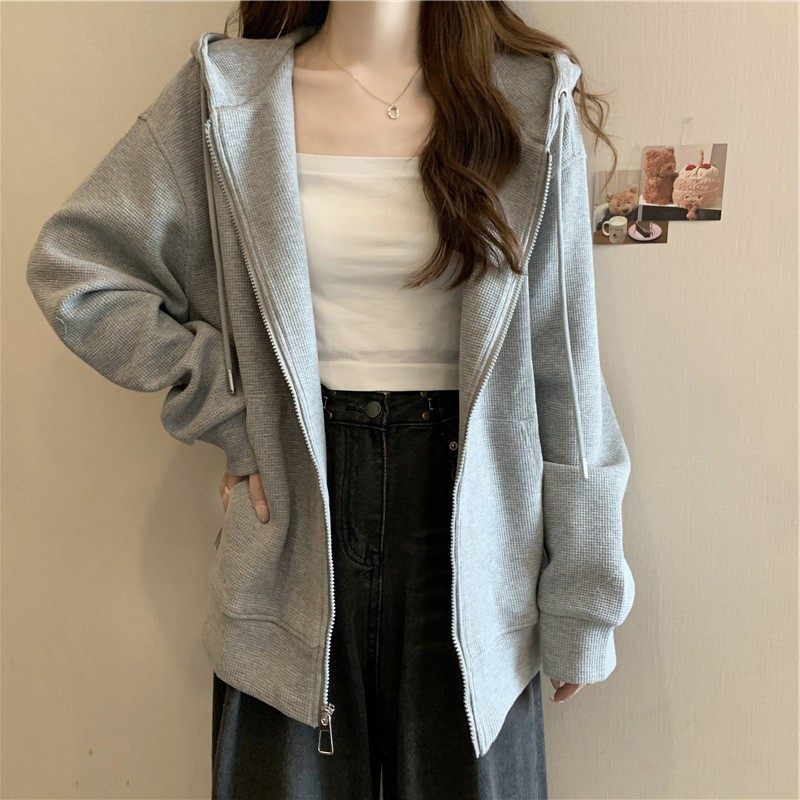 灰色实拍开衫连帽卫衣女秋季宽松显瘦学生休闲华夫格纯色上衣,淘宝优惠券,粉丝福利购,淘宝优惠卷