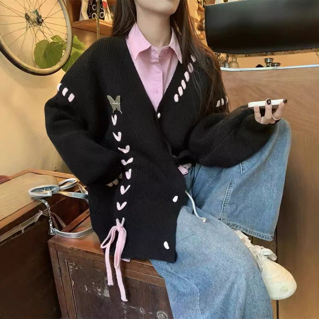 日韩穿绳奶软糯毛衣女秋冬新款宽松慵懒风蝴蝶结时尚针织开衫,淘宝优惠券,粉丝福利购,淘宝优惠卷