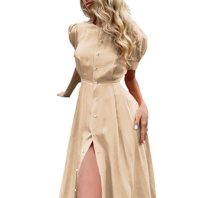 跨境亚马逊新款欧美女装气质通勤高腰纯色时尚开叉欧美连衣裙,淘宝优惠券,粉丝福利购,淘宝优惠卷