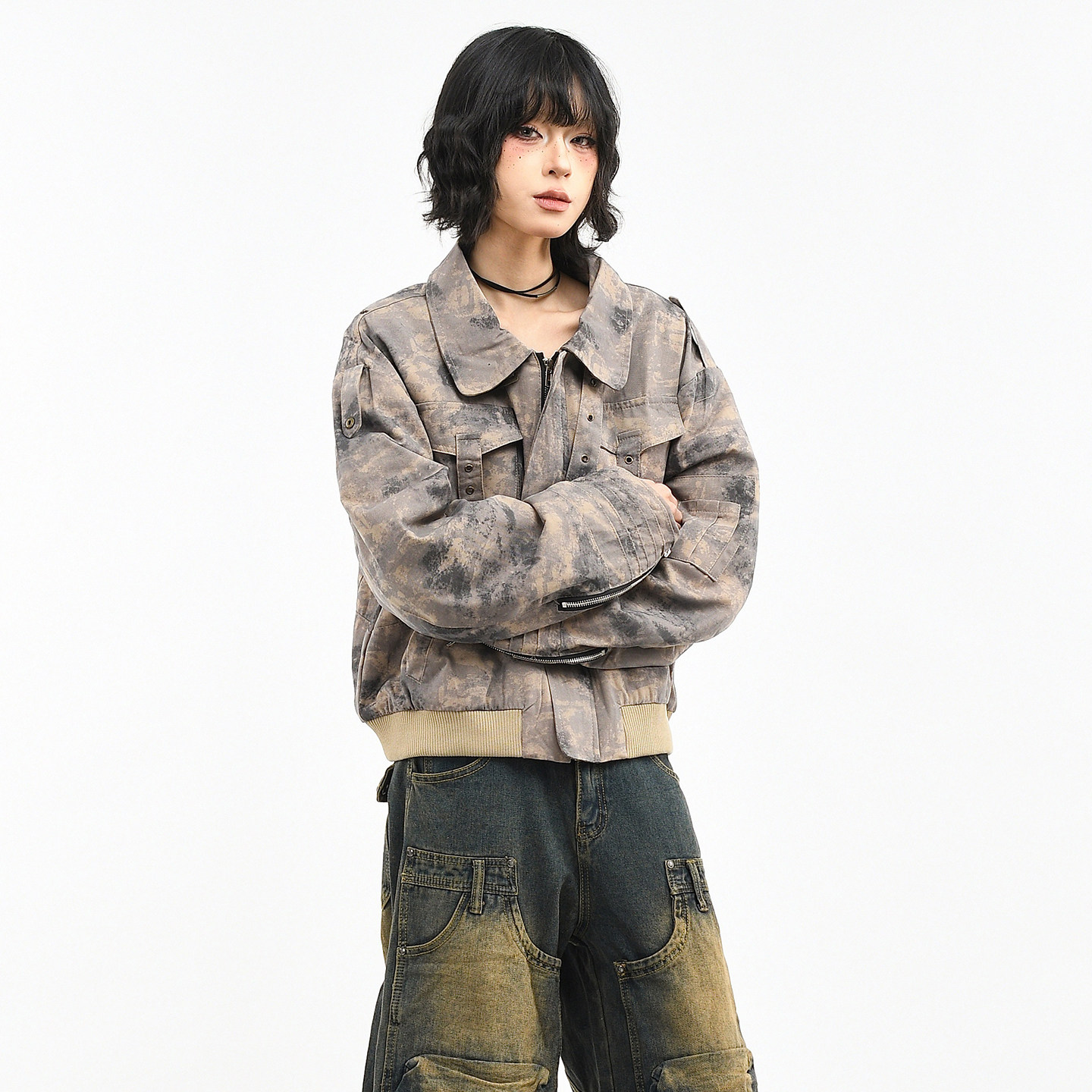 OV原创高街亚文化扎染水洗翻领外套女春季宽松短款廓形工装夹克潮,淘宝优惠券,粉丝福利购,淘宝优惠卷